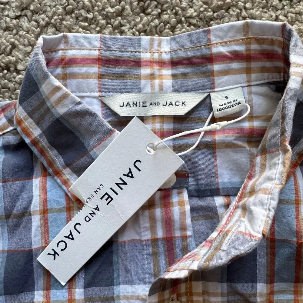 NWT Janie and Jack Toddler Boy SS Poplin Plaid Blue Top Sz 5